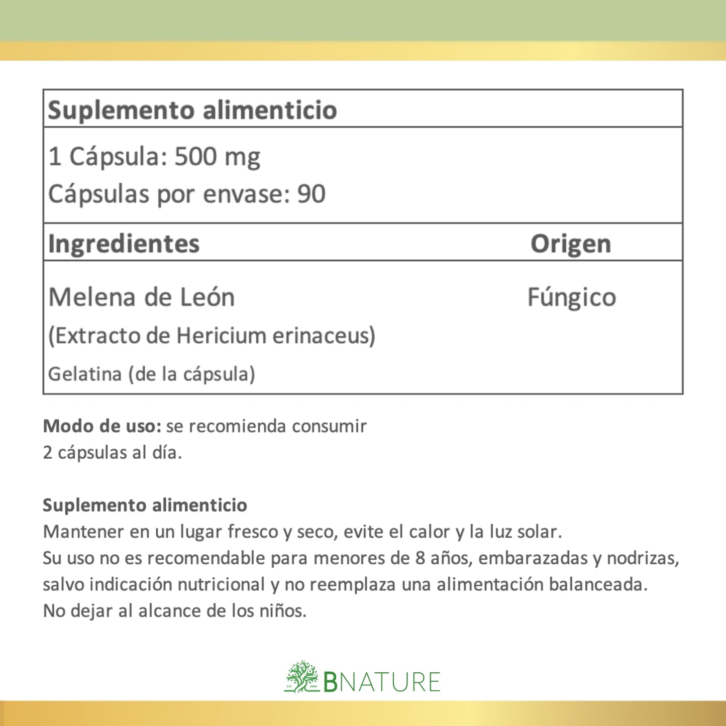 Melena de León 500 mg - Hongos Funcionales | 90 Cápsulas