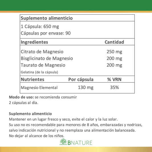 Triple Magnesio – Citrato, Bisglicinato y Taurato 650mg