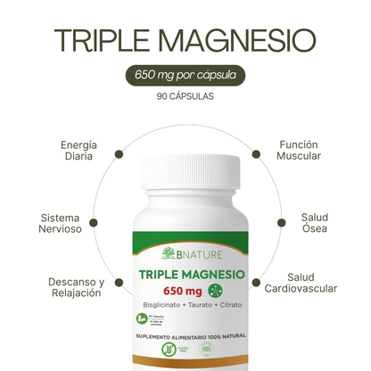 Triple Magnesio – Citrato, Bisglicinato y Taurato 650mg